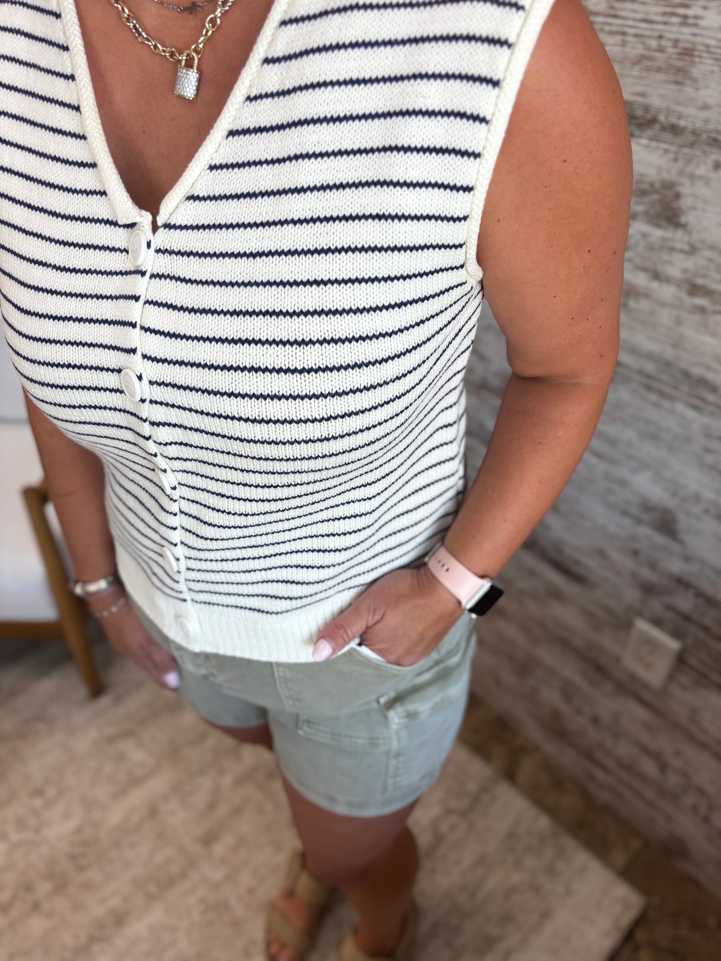 Ivory/Navy Striped Sleeveless Cardigan