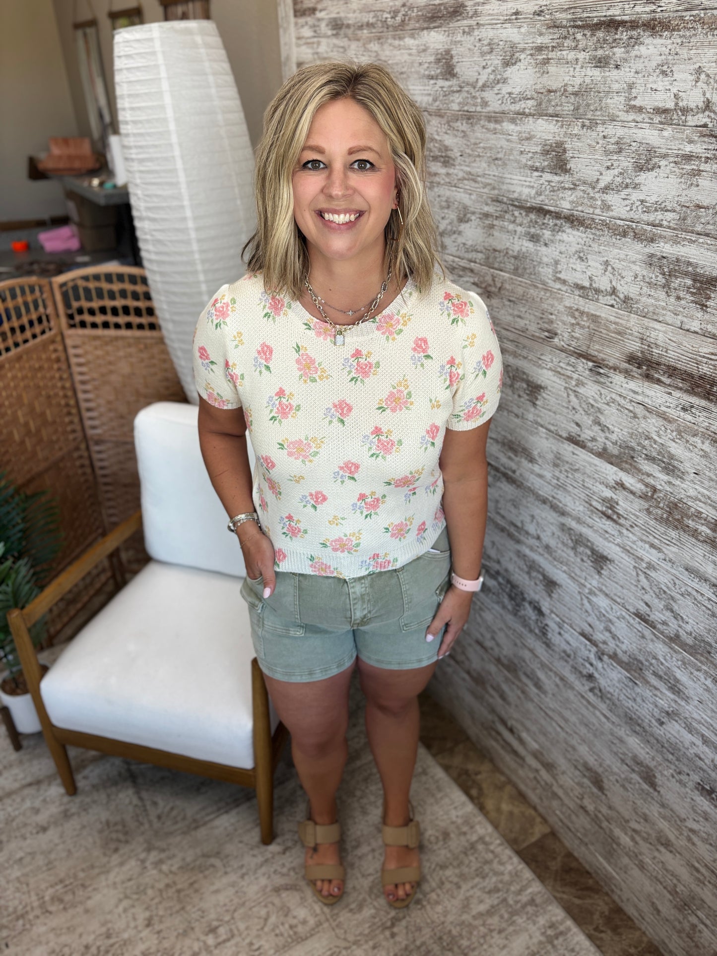 Blush Pink Floral Short Sleeve Sweater