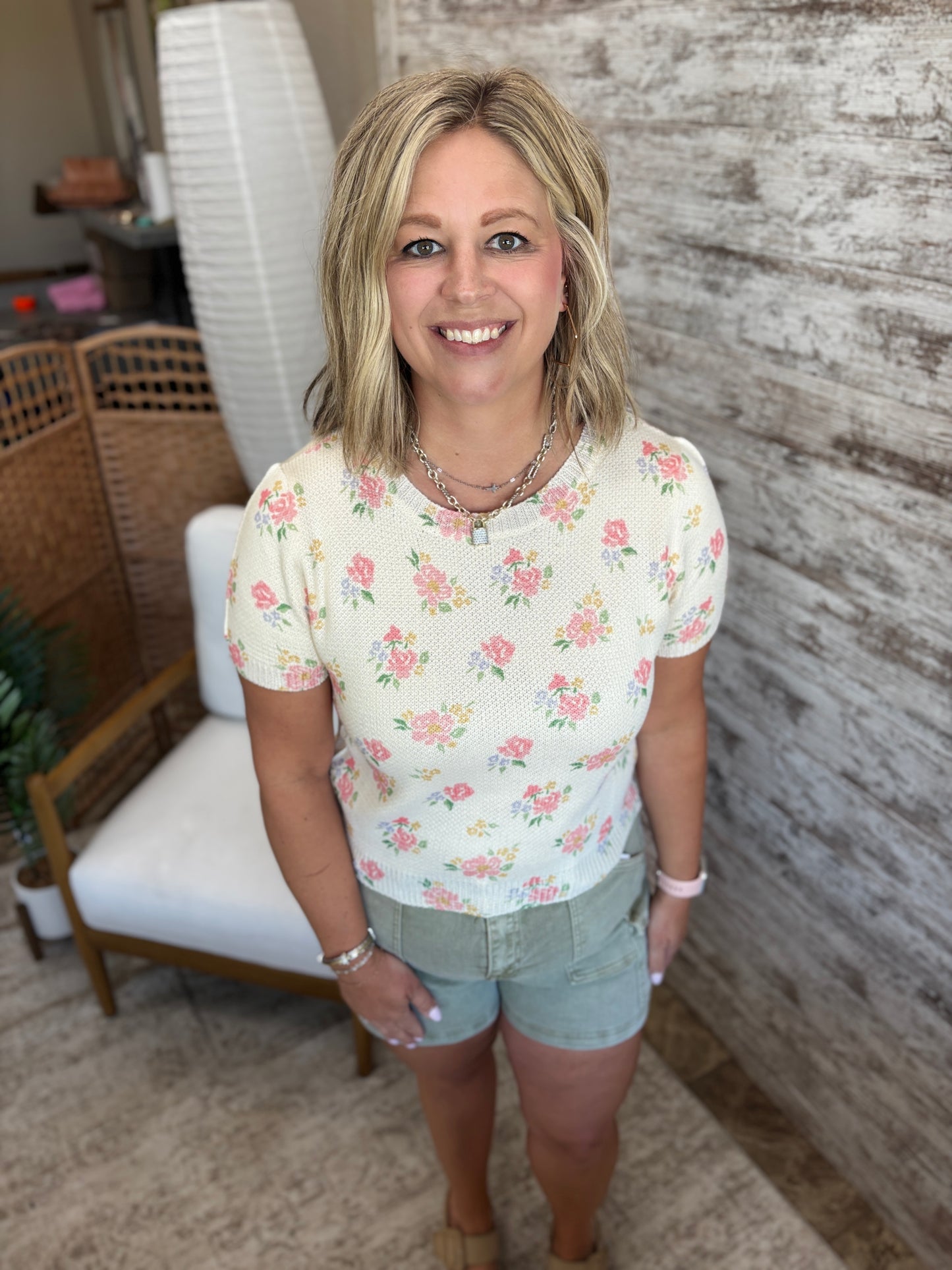 Blush Pink Floral Short Sleeve Sweater