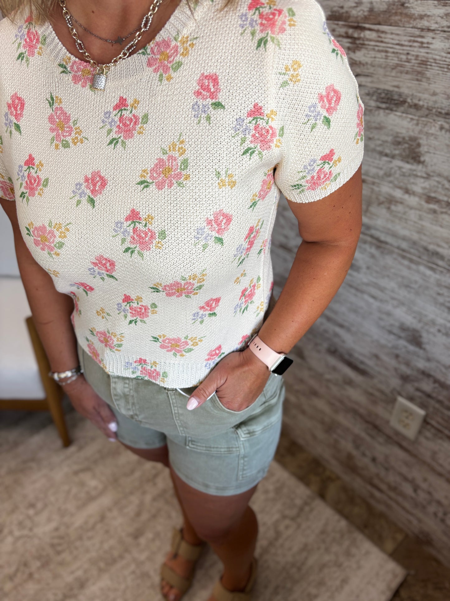 Blush Pink Floral Short Sleeve Sweater