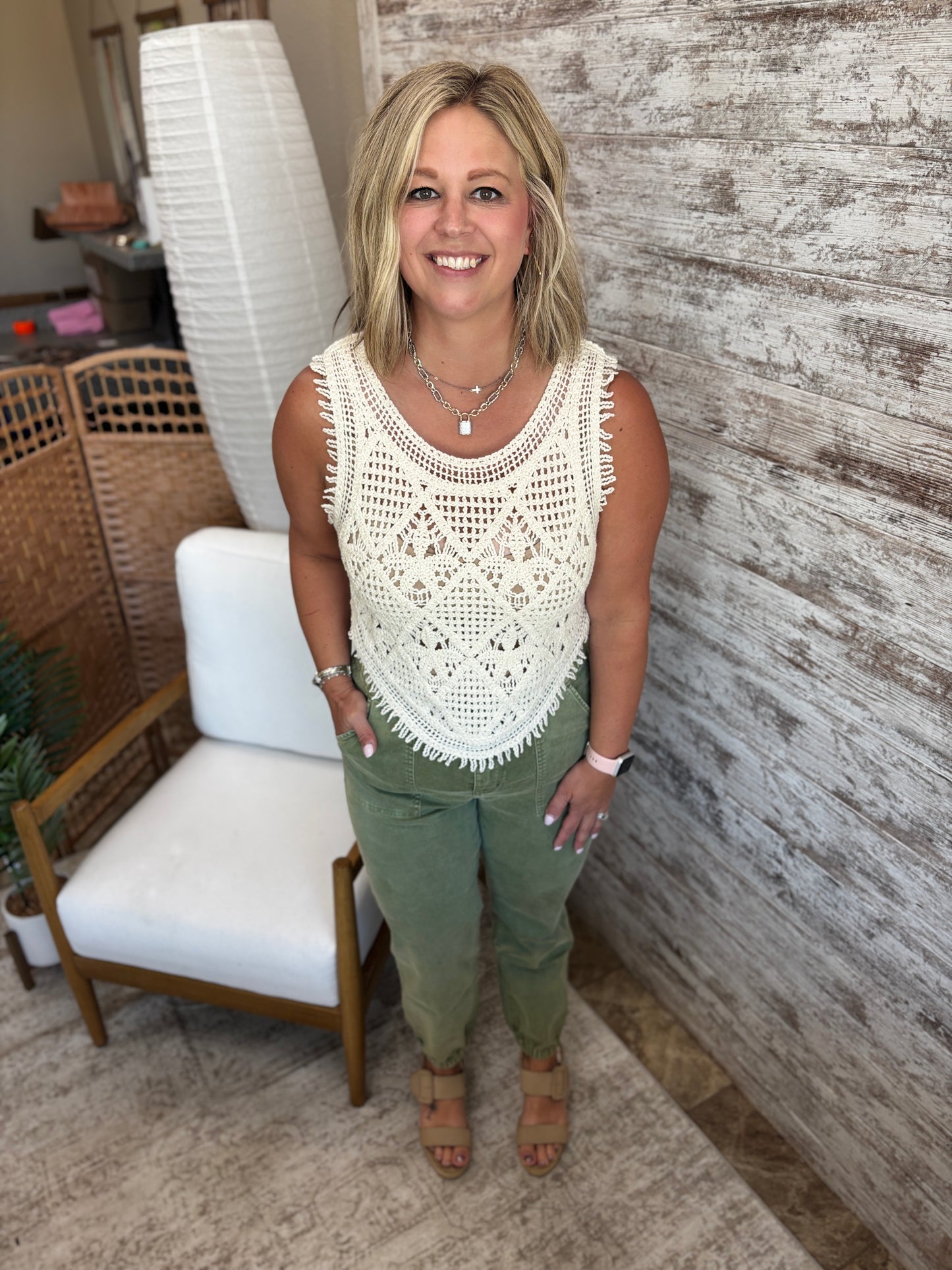Natural Crochet Curved Hem Tank