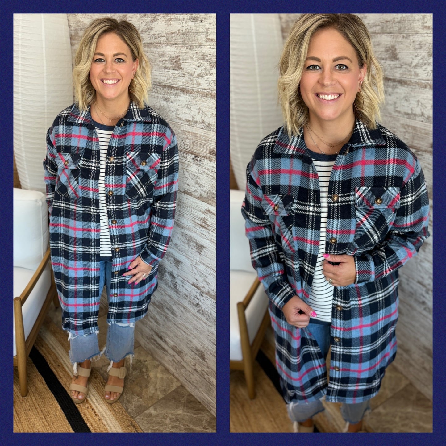 Navy and Pink Long Flannel Jacket