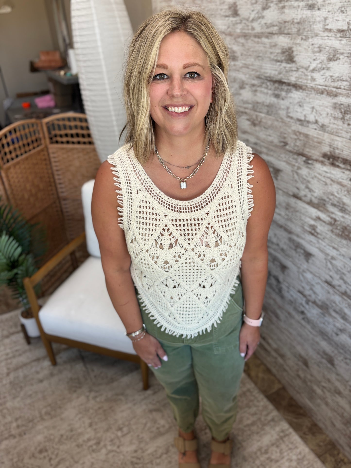 Natural Crochet Curved Hem Tank