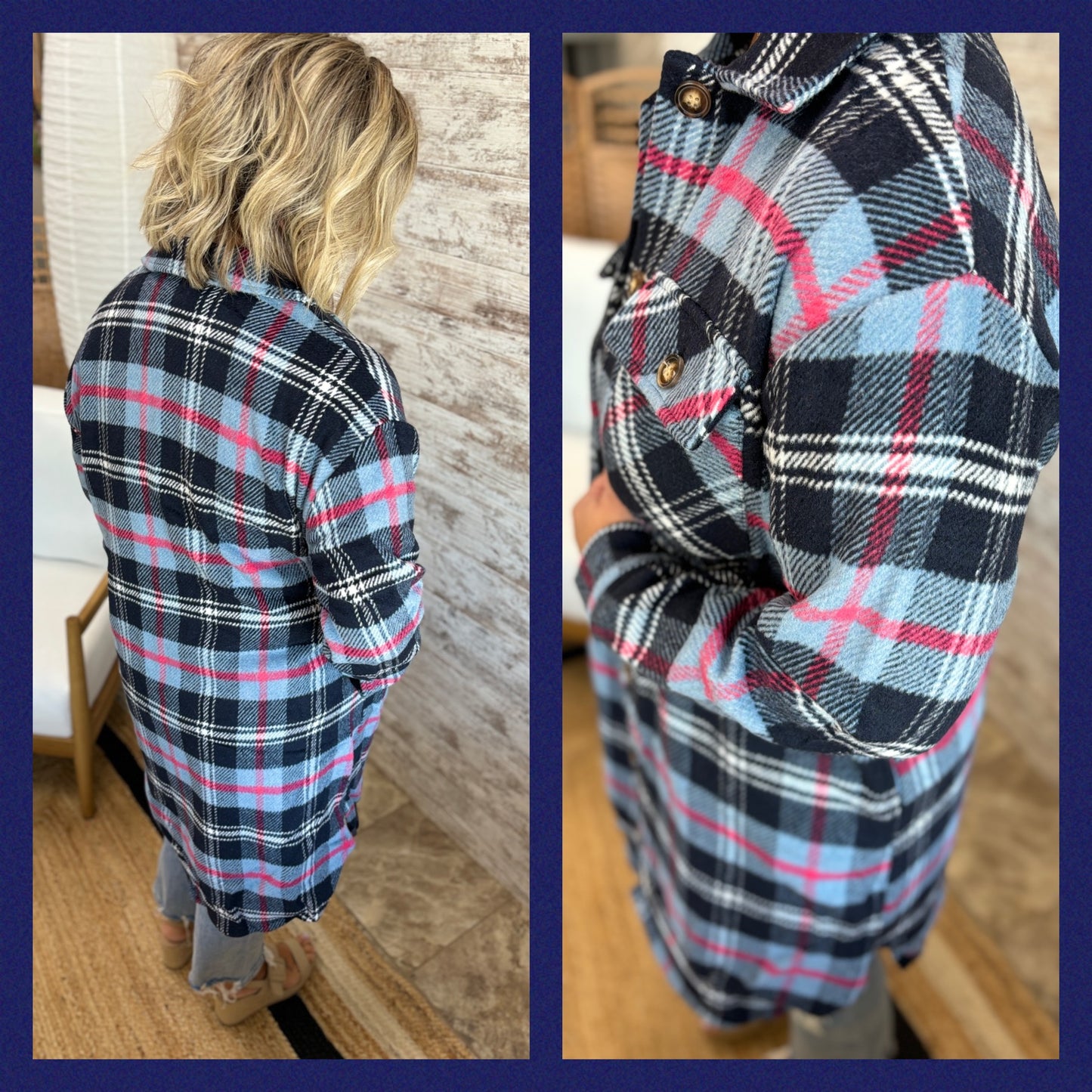 Navy and Pink Long Flannel Jacket