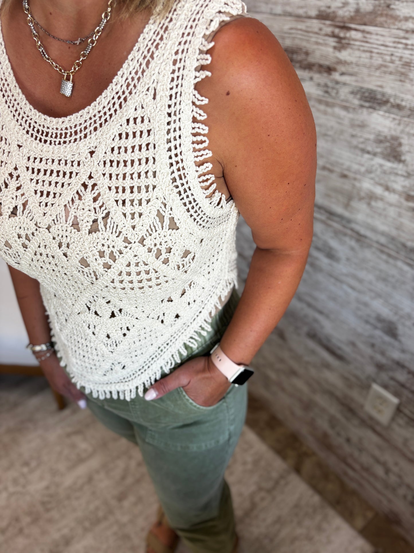 Natural Crochet Curved Hem Tank
