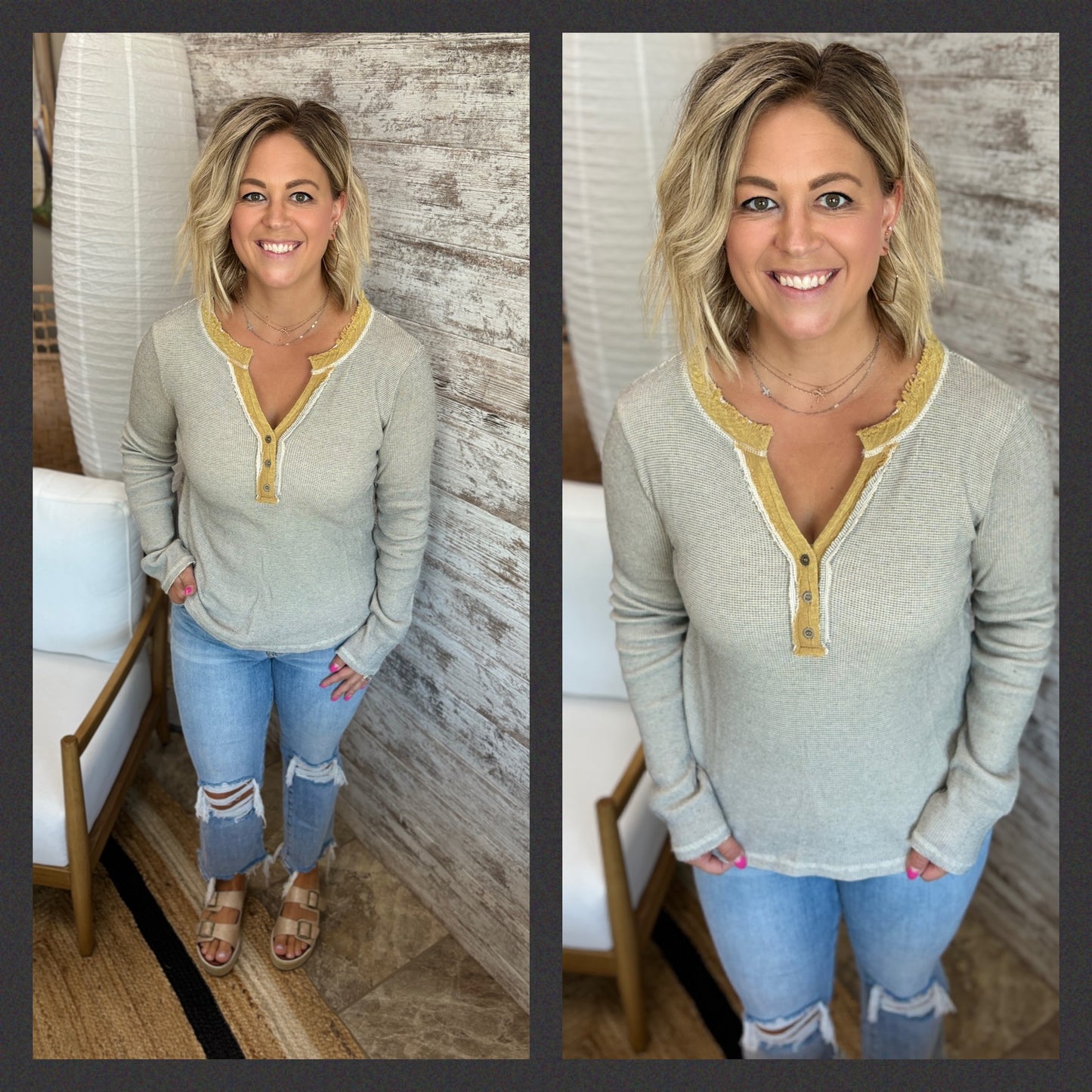 Heather Grey Thermal Ribbed Distressed Top