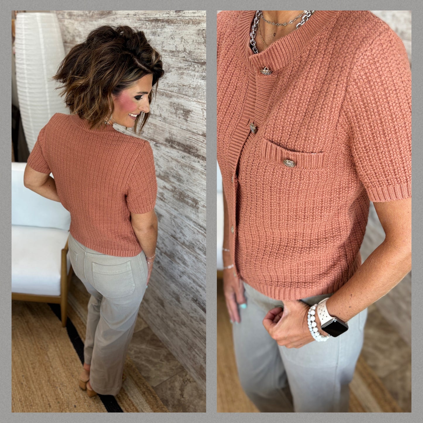 Terracotta Short Sleeve Button Down Sweater