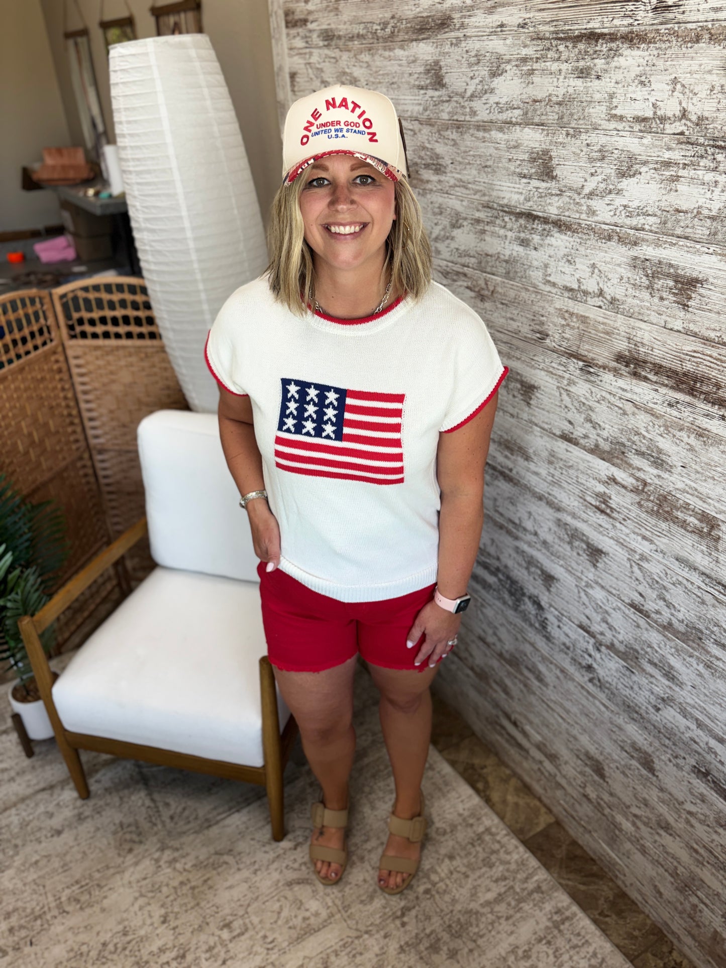 Ivory American Flag Sweater with Red Trim