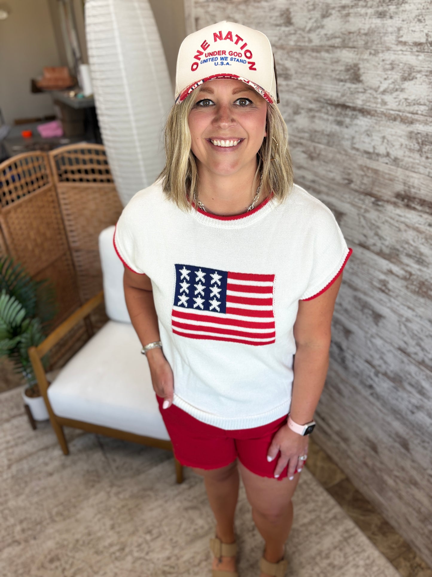 Ivory American Flag Sweater with Red Trim