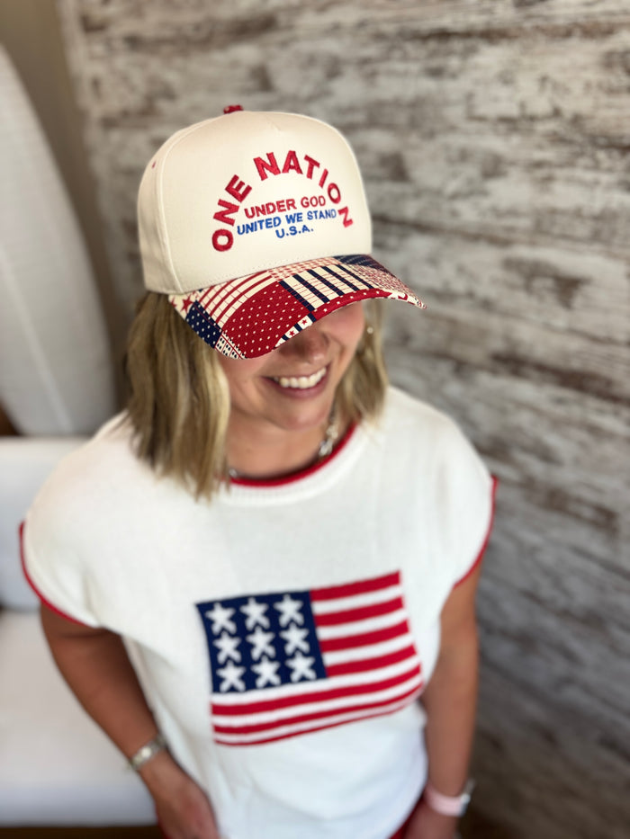 One Nation Under God Embroidered Patchwork Brim Trucker Hat