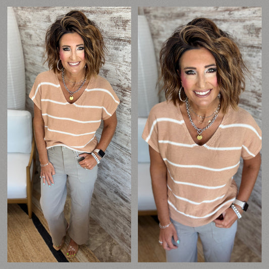 Camel V Neck Striped Short Sleeve Sweater