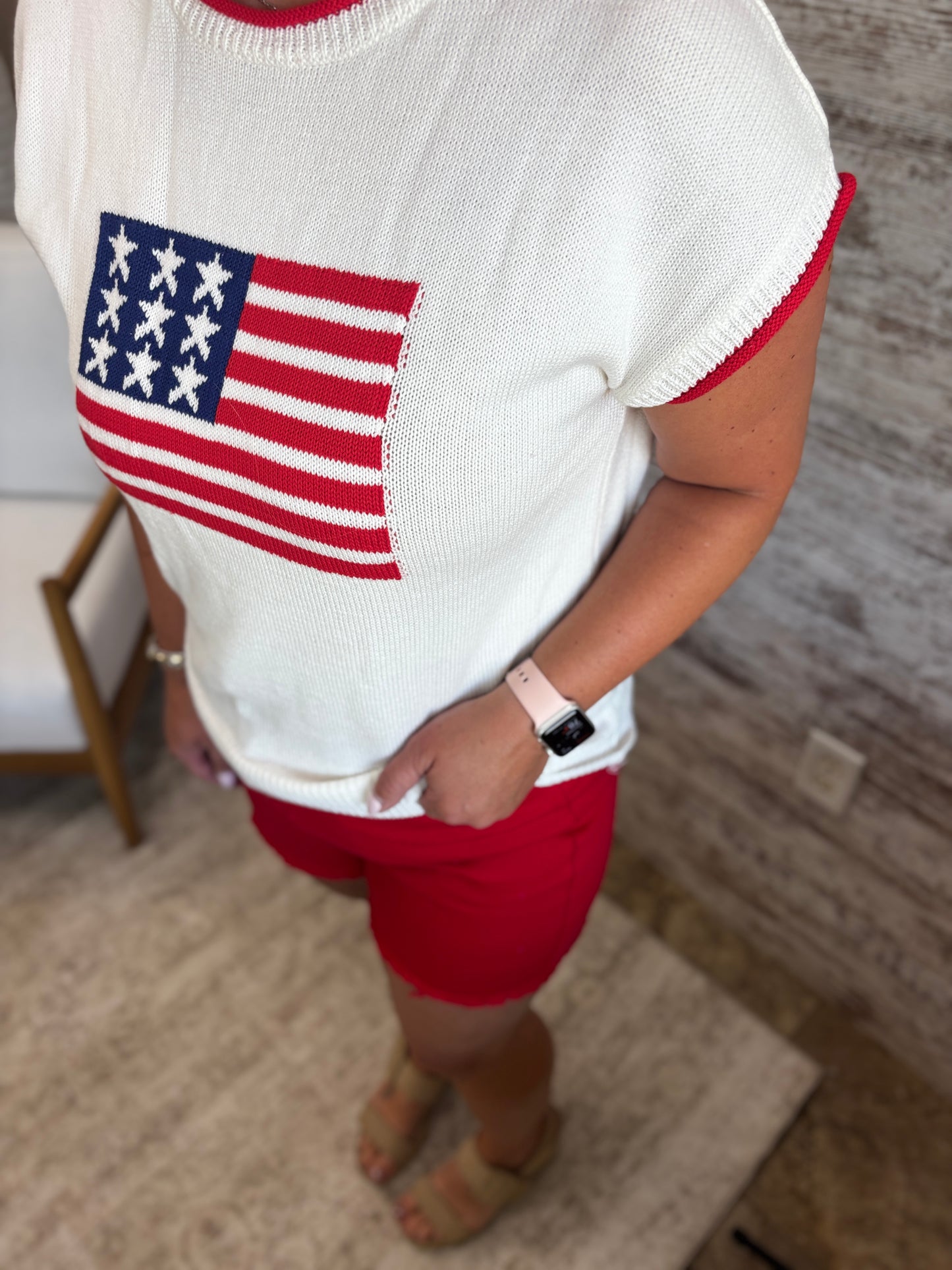 Ivory American Flag Sweater with Red Trim