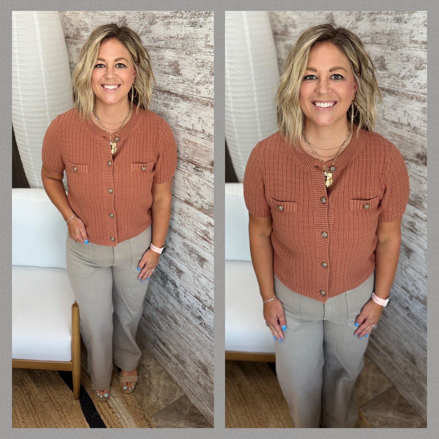 Terracotta Short Sleeve Button Down Sweater