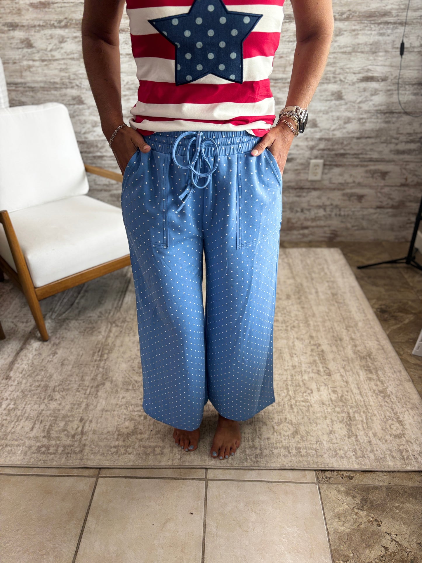 Blue/White Wide Leg Polka Dot Pants
