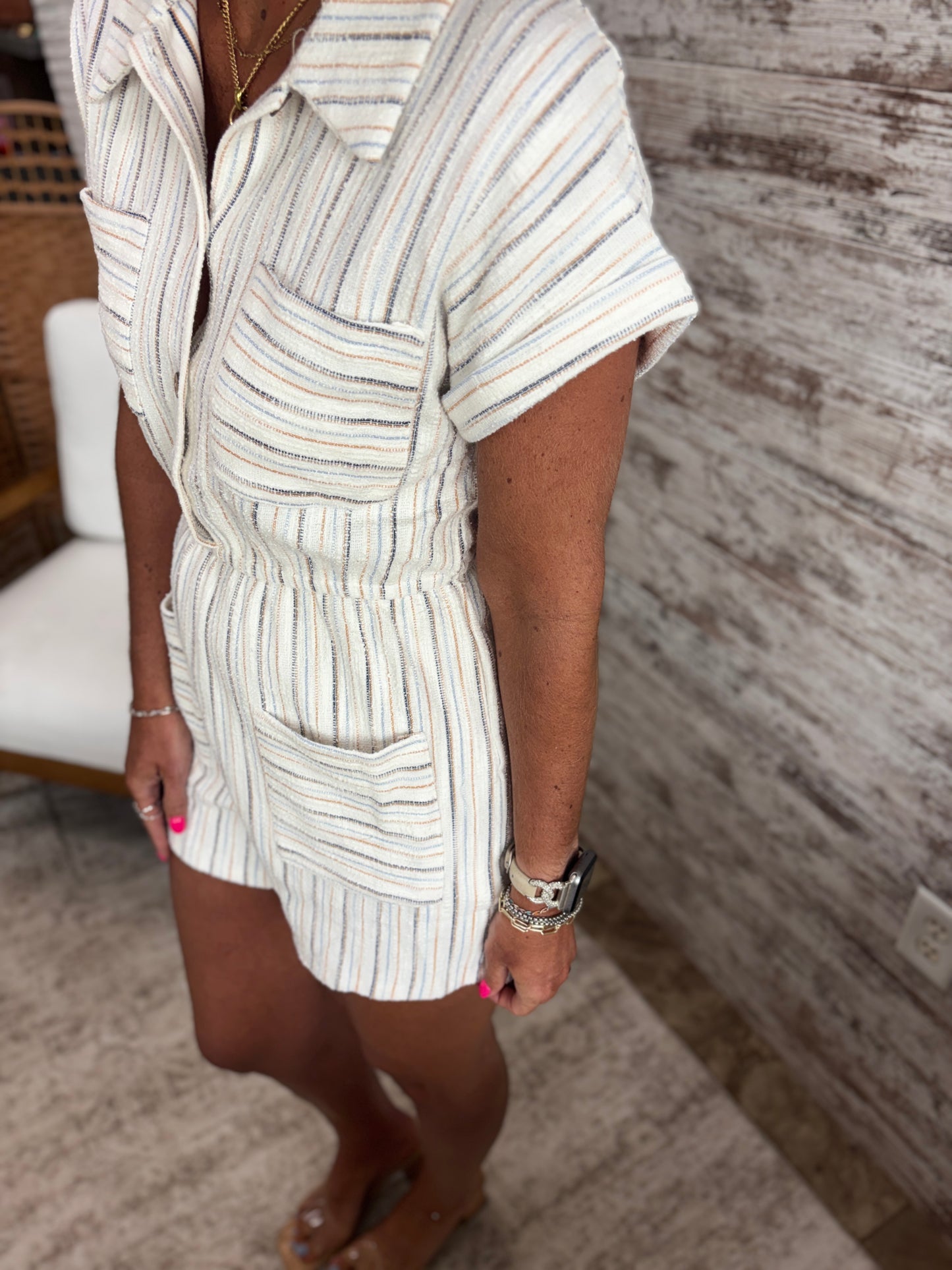 Cream Striped Terry Romper