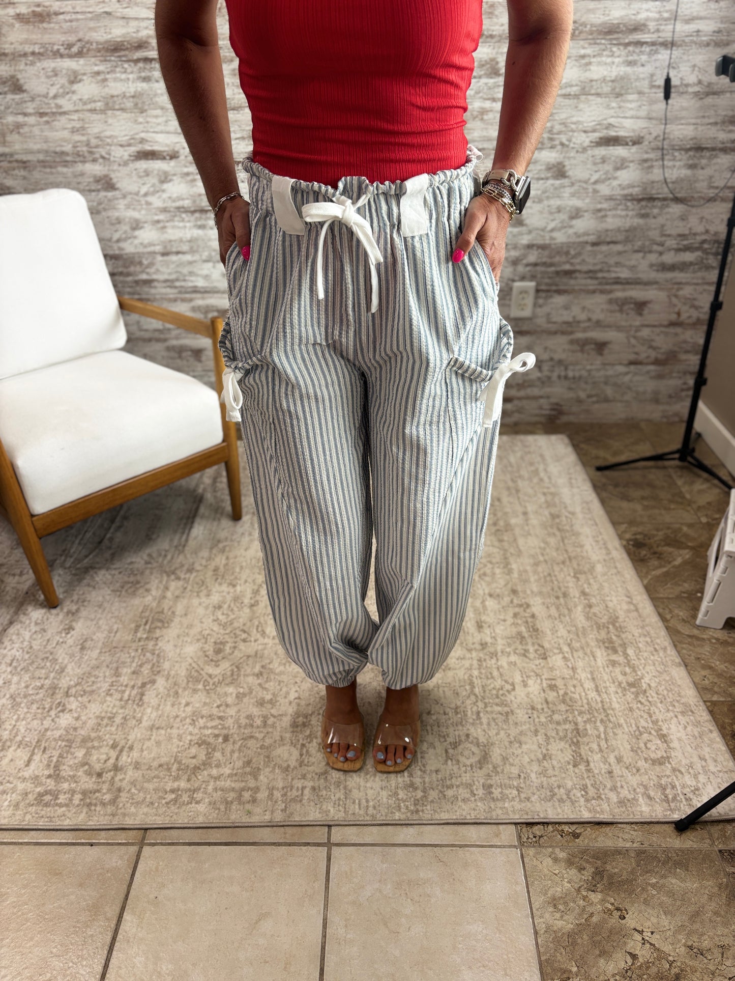White/Denim Woven Bow Detail Pants