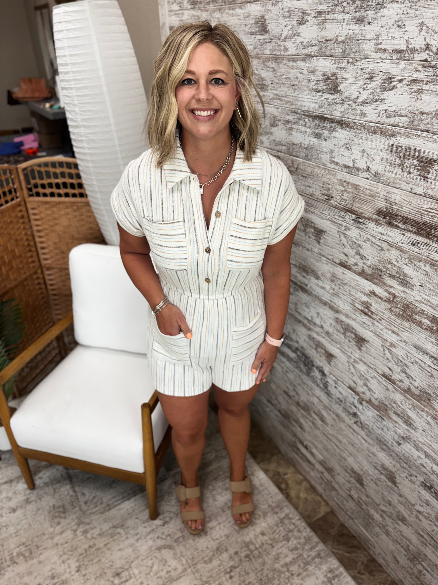Cream Striped Terry Romper