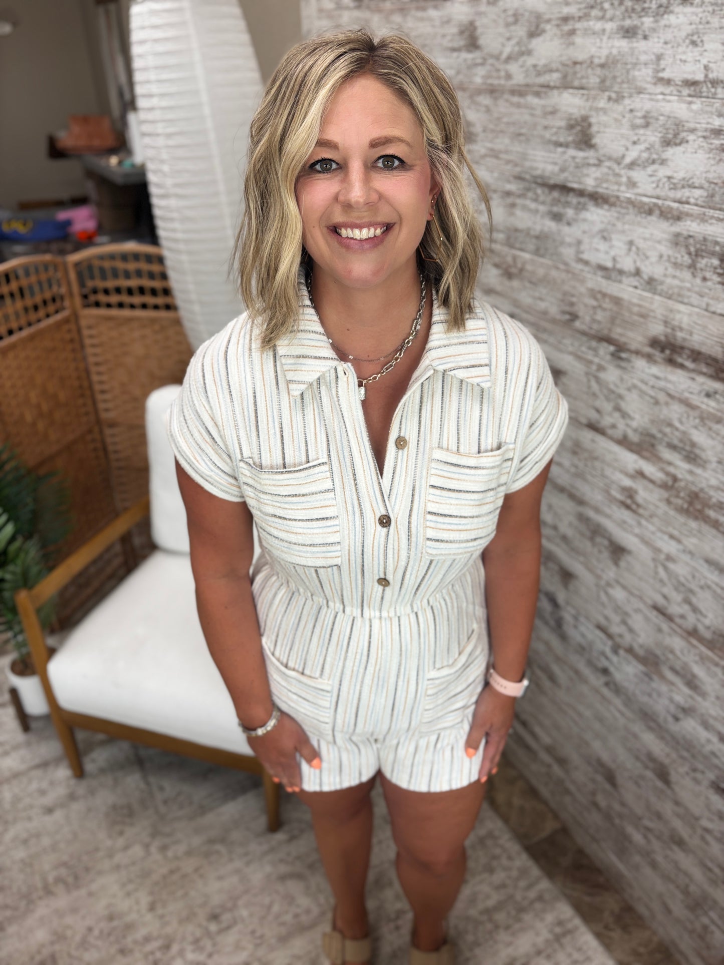 Cream Striped Terry Romper