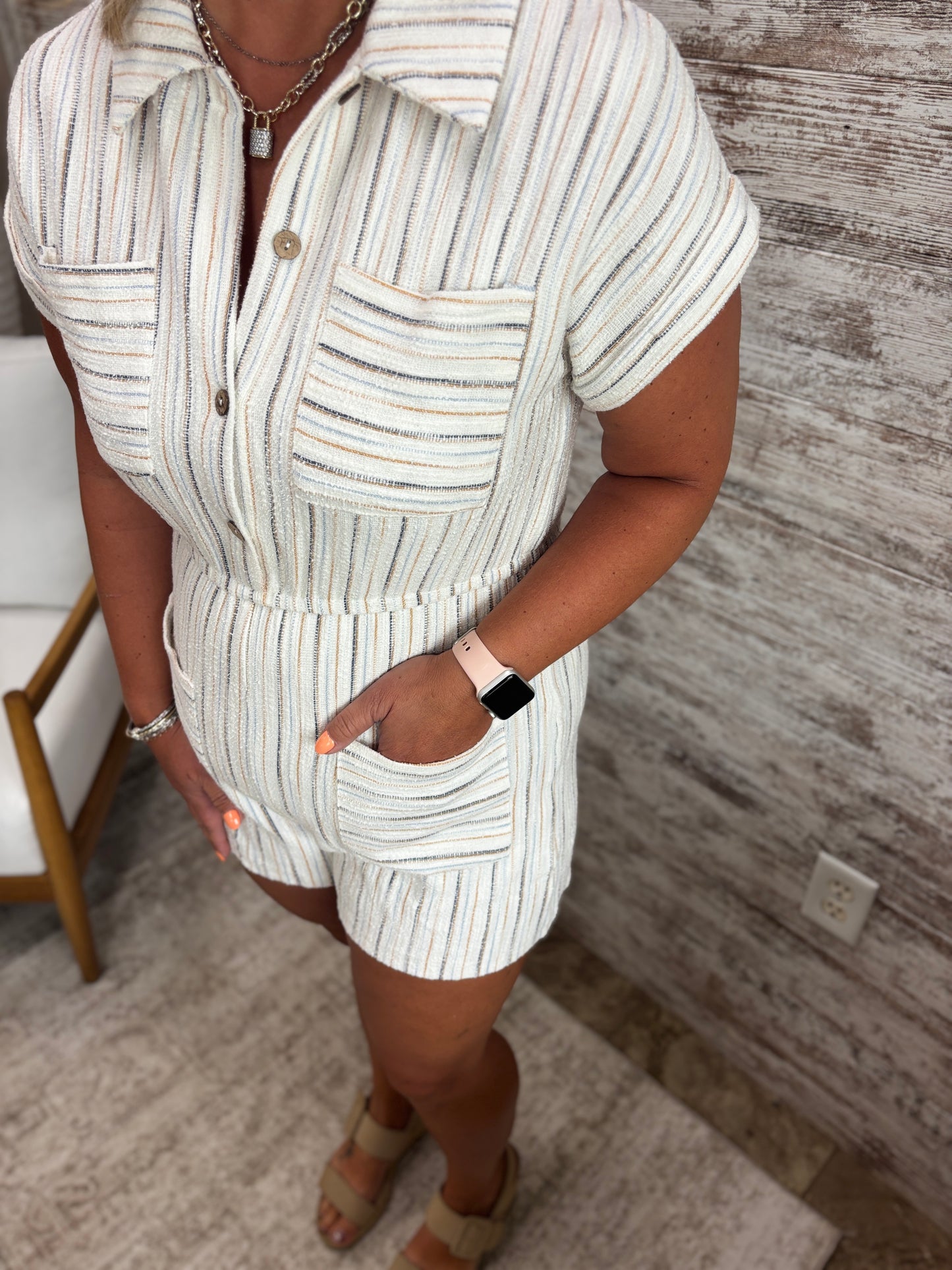 Cream Striped Terry Romper