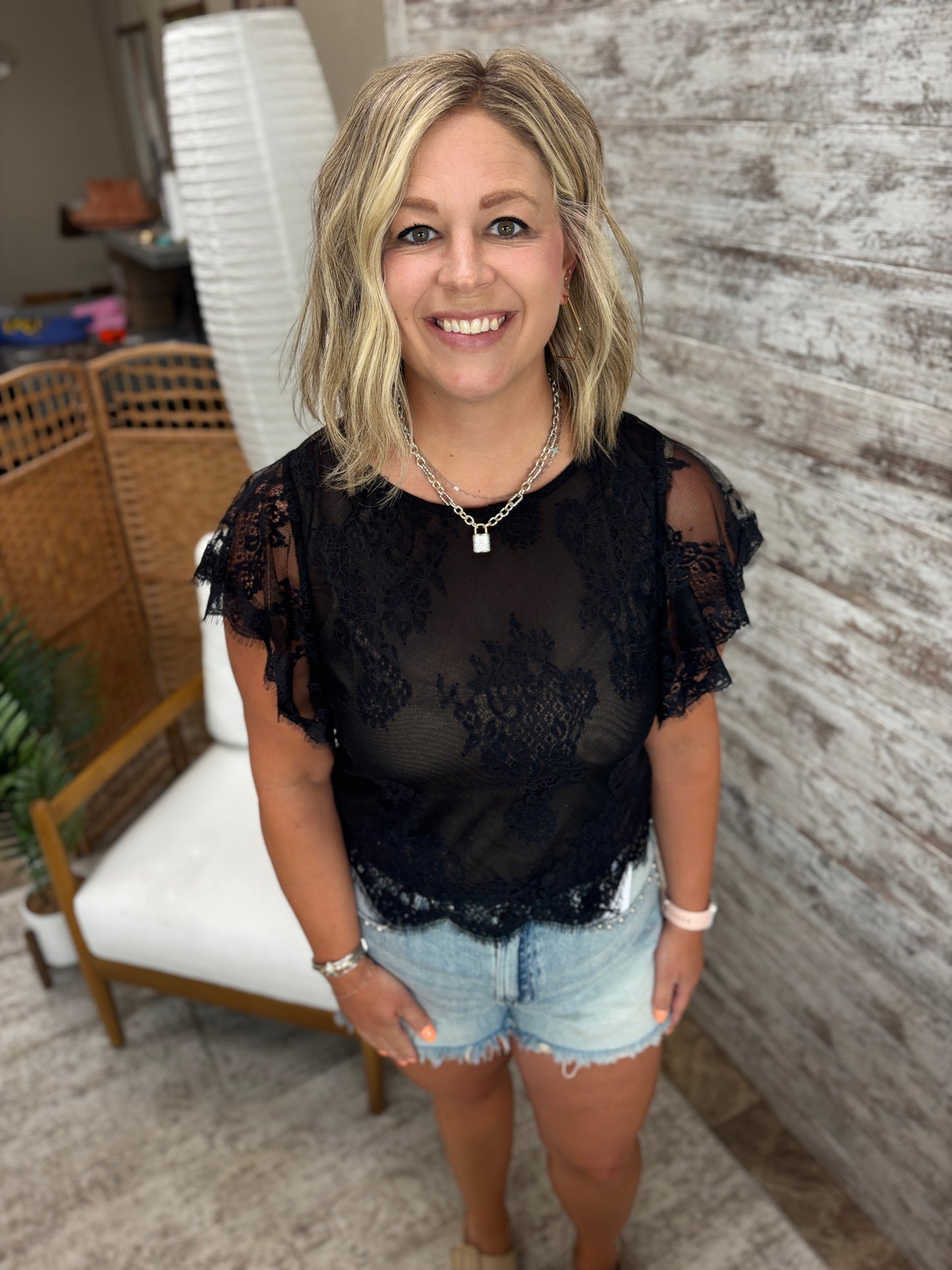 Black See It Through Flutter Sleeve Top