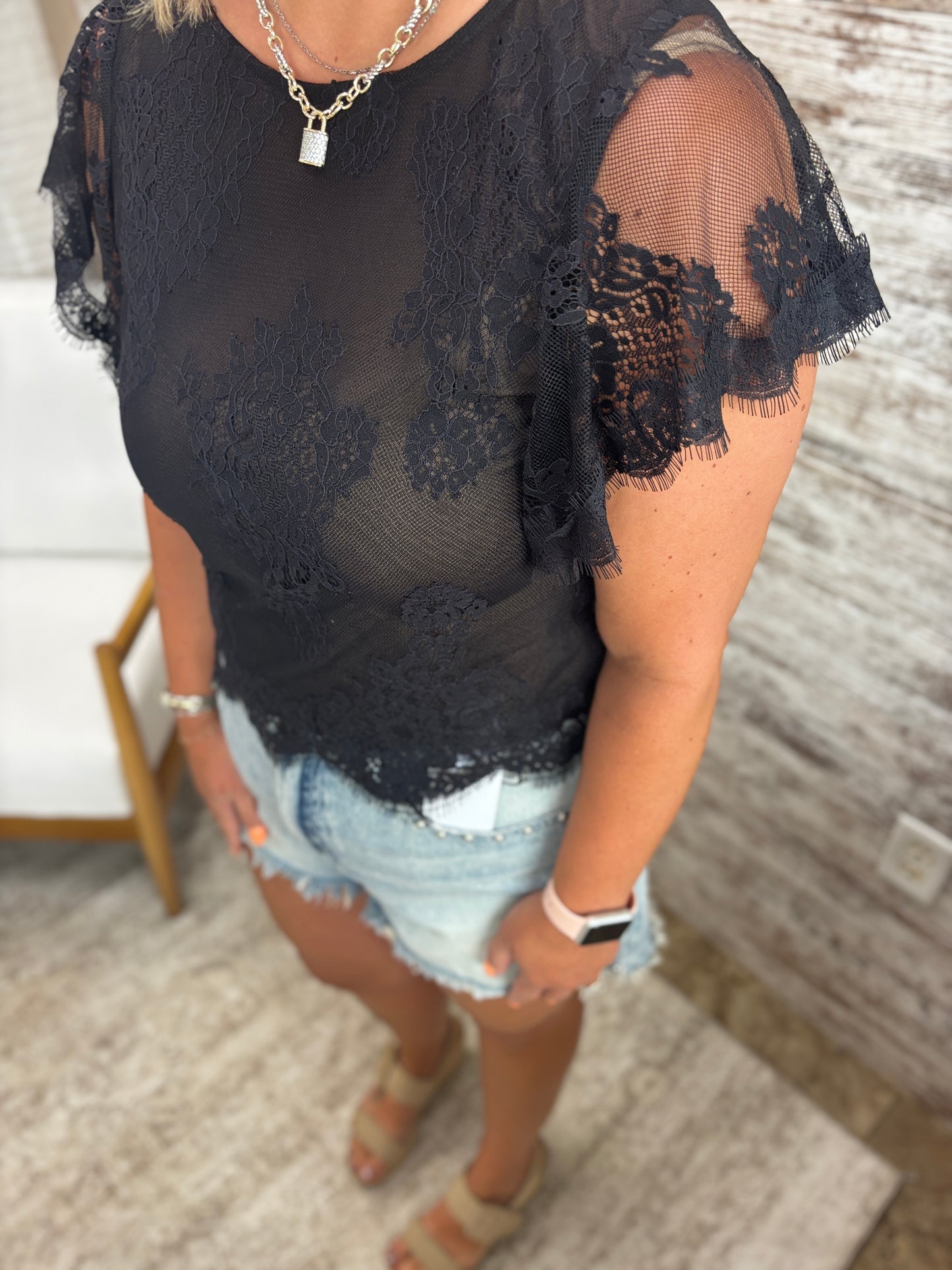 Black See It Through Flutter Sleeve Top