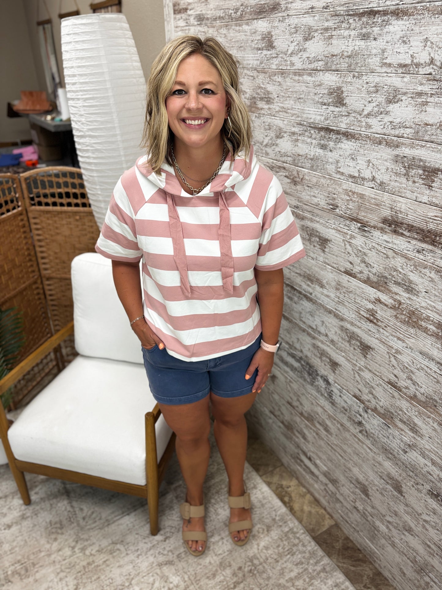 Light Pink Wide Striped Short Sleeve Hoodie