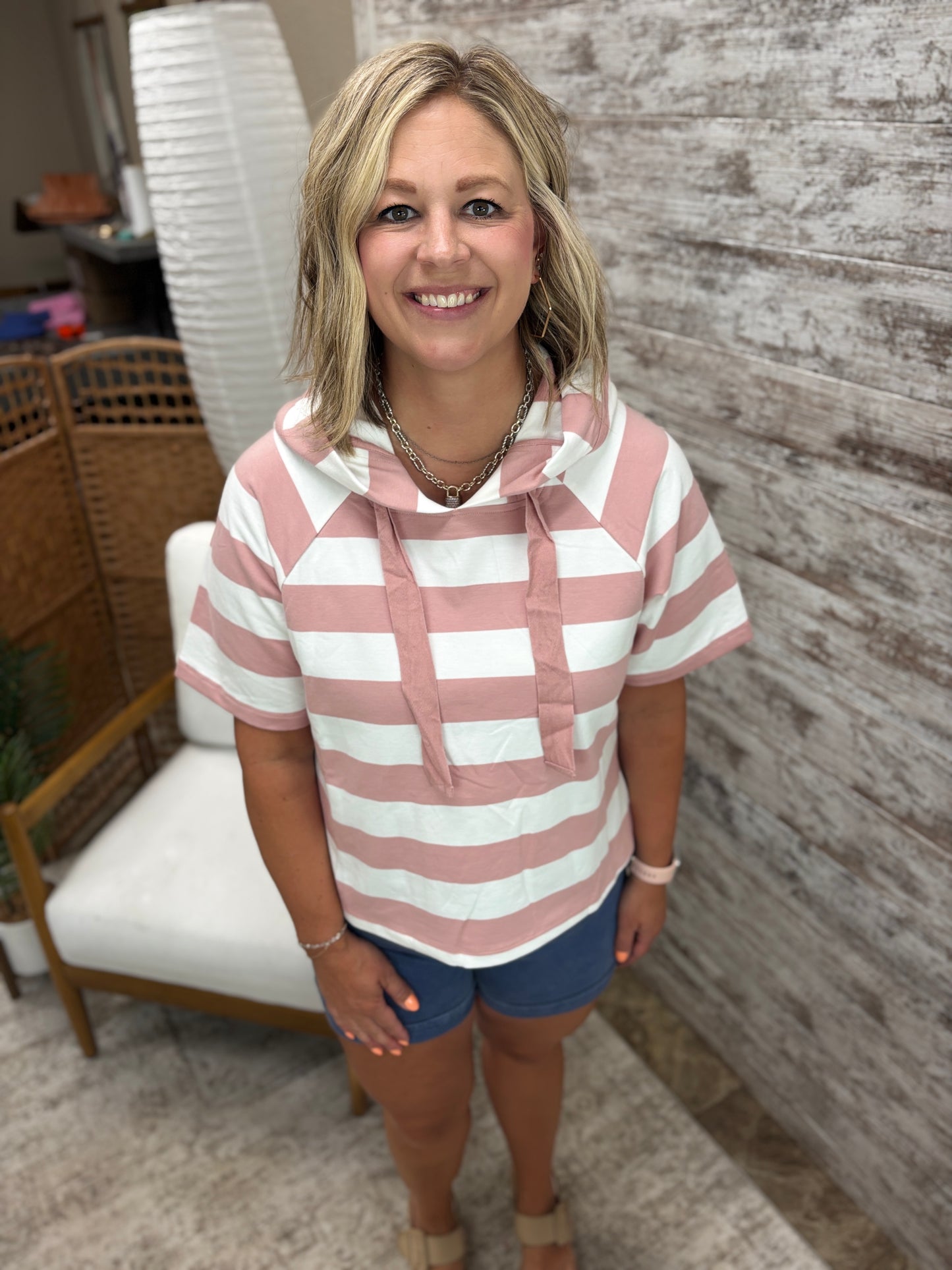 Light Pink Wide Striped Short Sleeve Hoodie
