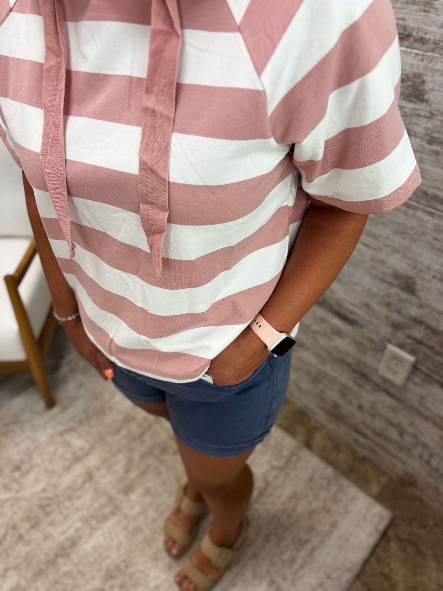 Light Pink Wide Striped Short Sleeve Hoodie