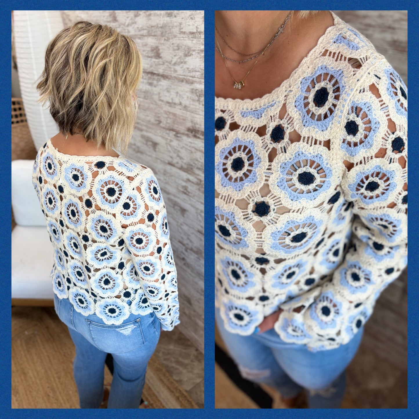 Ivory and Navy Crochet Knit Top