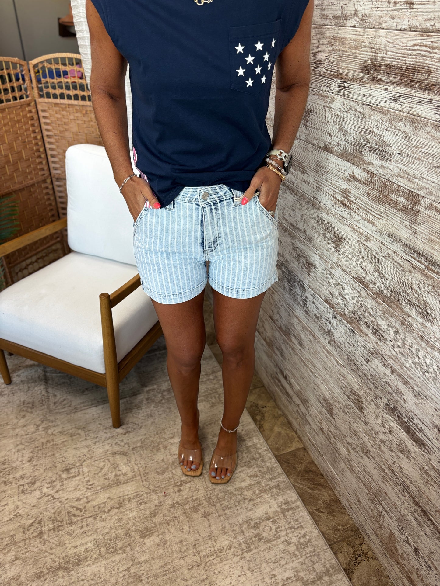 Kancan High Rise Striped Denim Shorts KC9378L