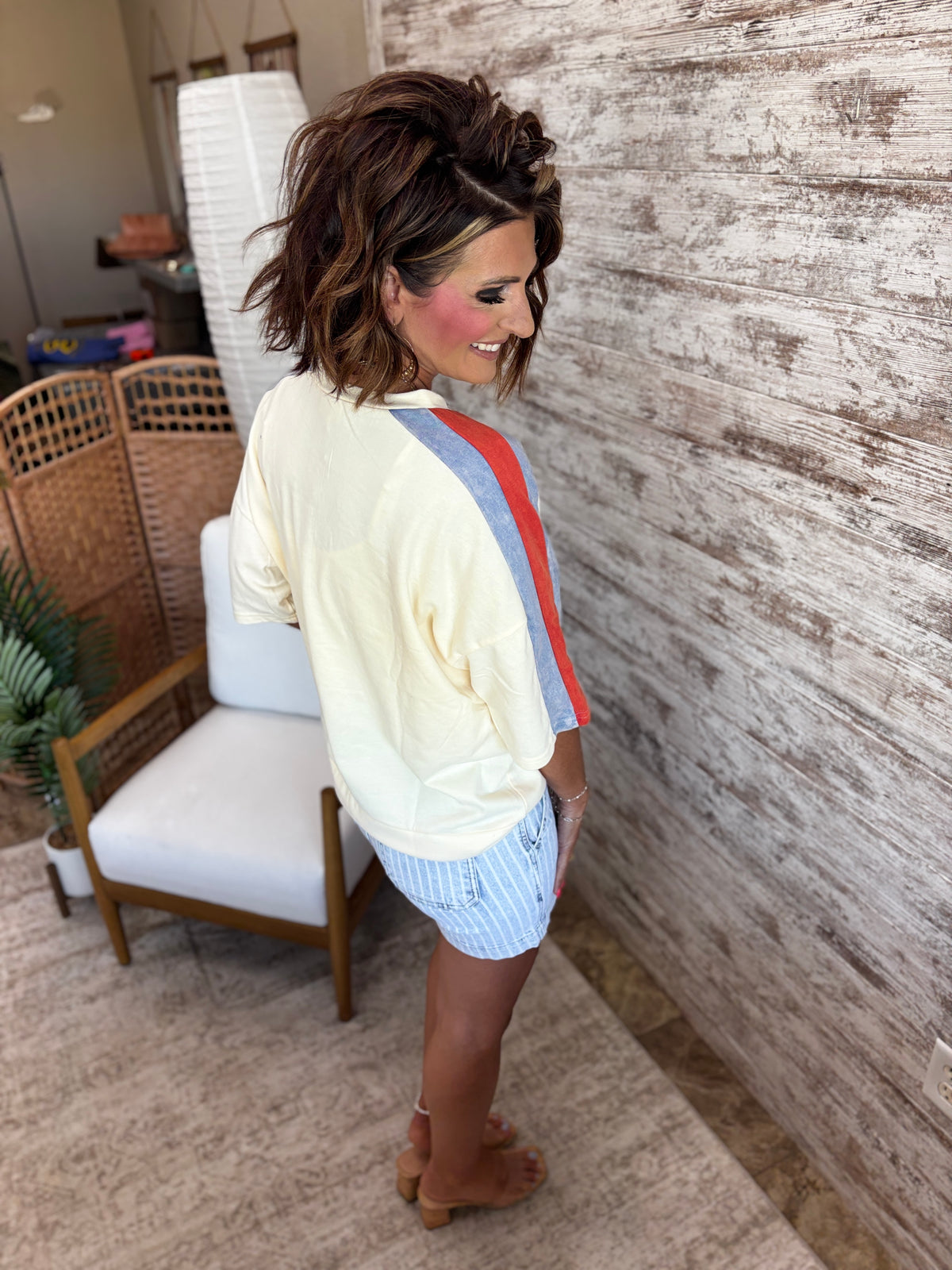 Ivory/Red/Blue Color Block Star Patch Top