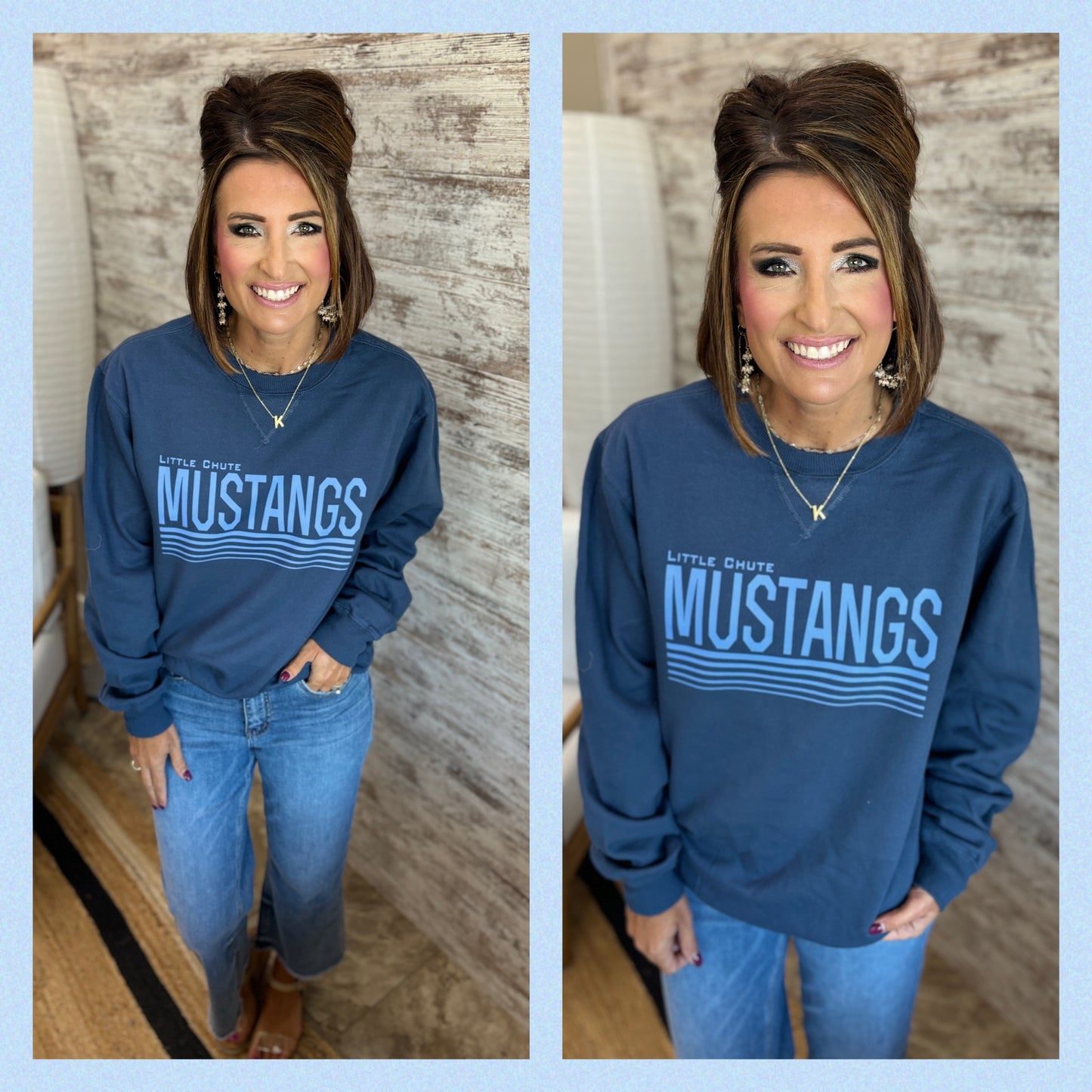 Little Chute Mustangs Beach Washed Denim Blue Crewneck