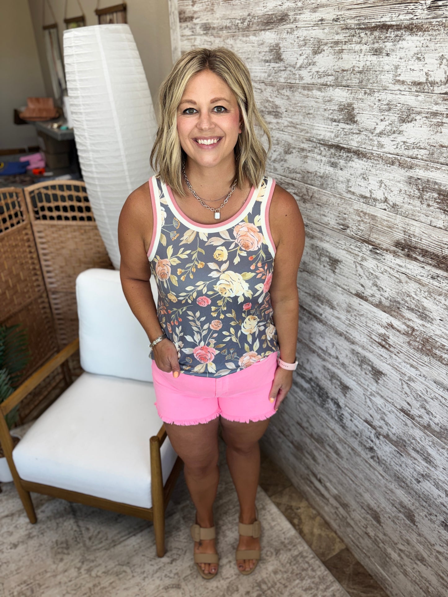 Grey Floral Double Trimmed Tank