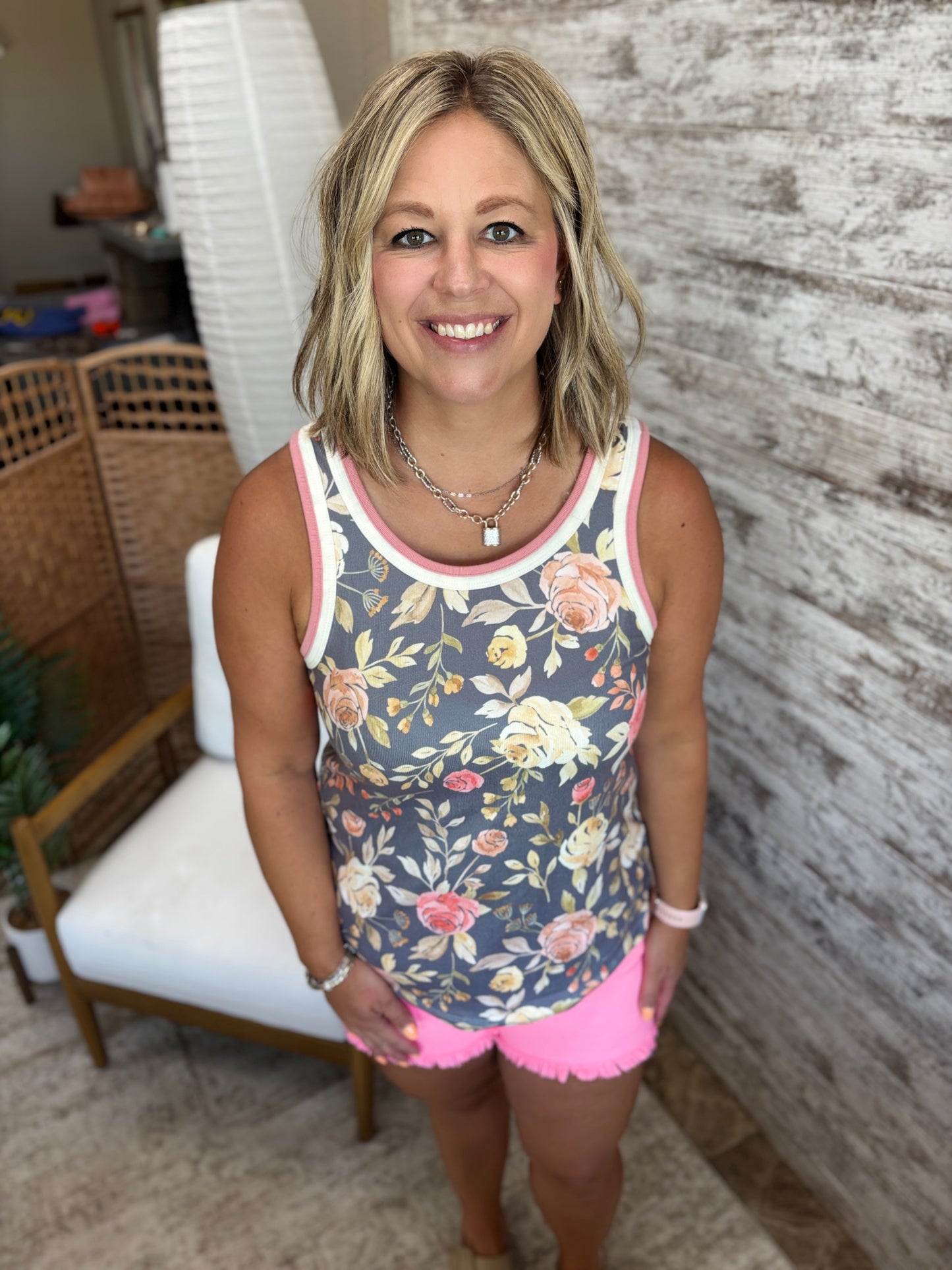Grey Floral Double Trimmed Tank