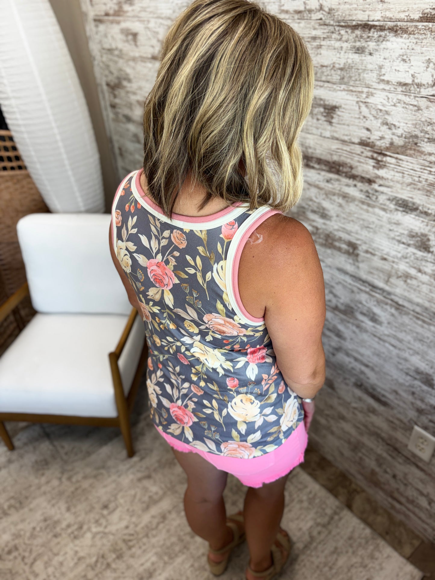 Grey Floral Double Trimmed Tank