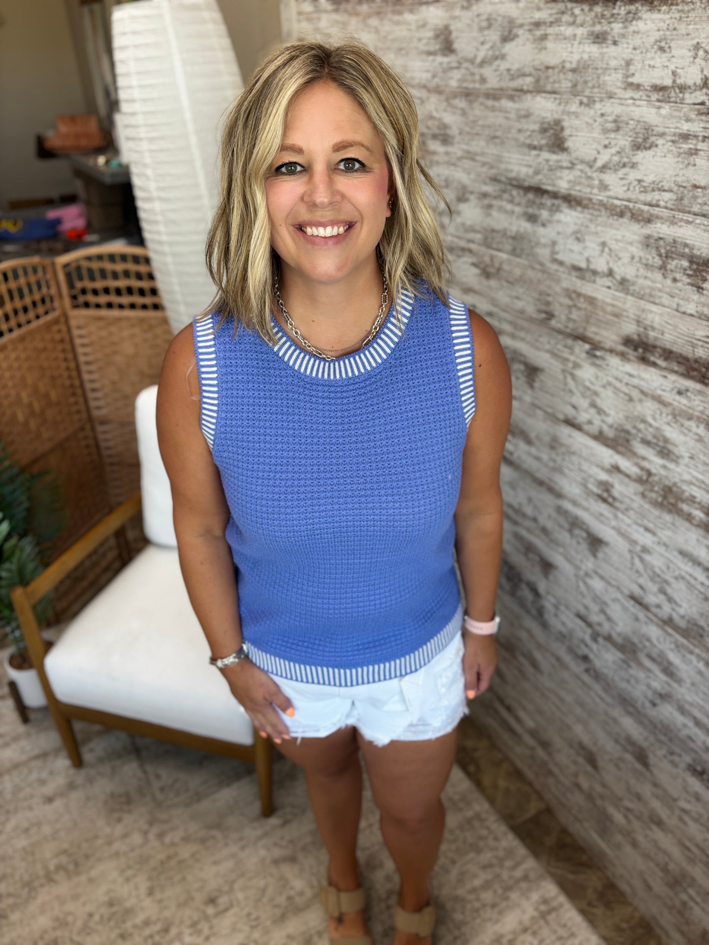 Blue Waffle Knit Sweater Tank