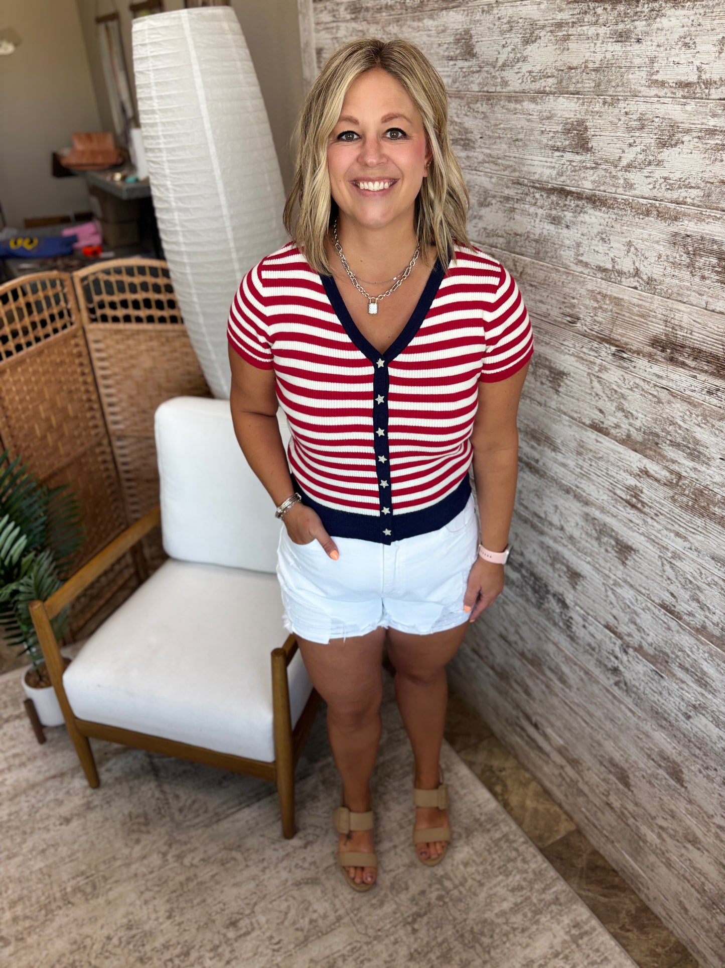 Americana Ribbed Star Button Cardigan