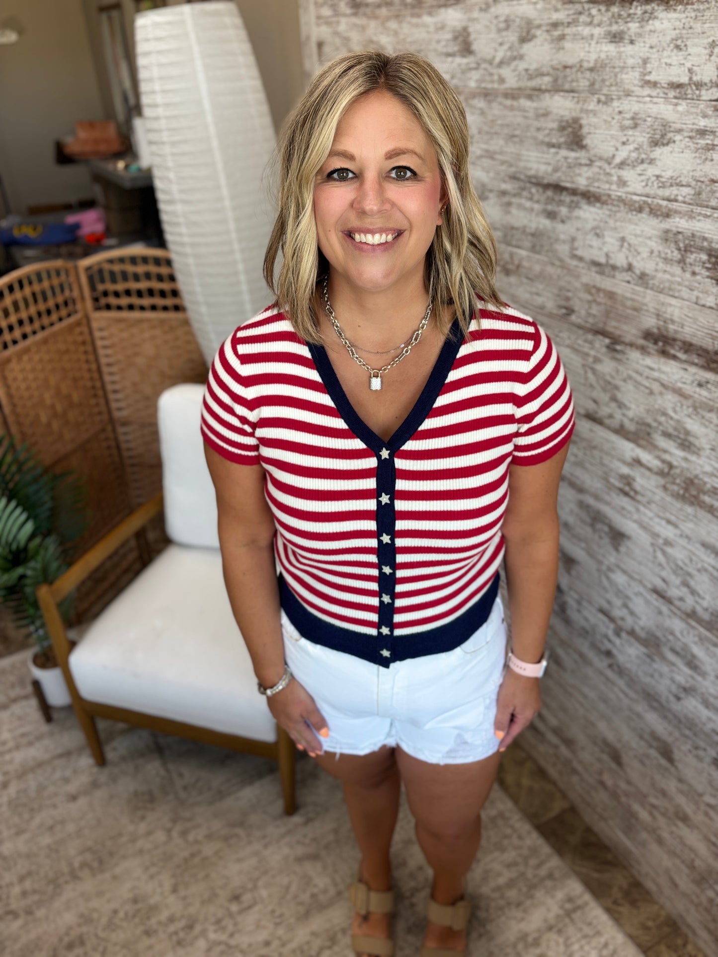 Americana Ribbed Star Button Cardigan