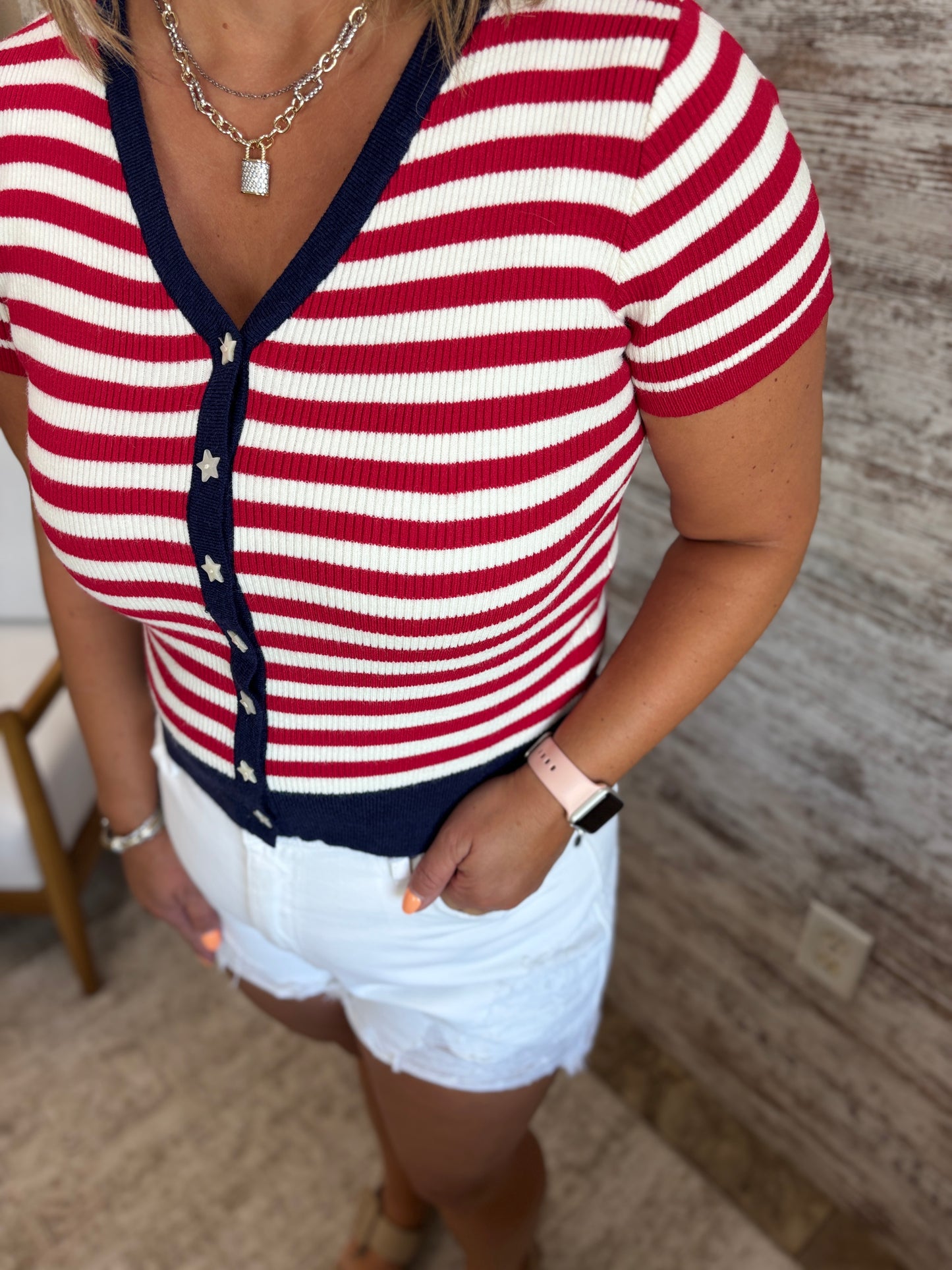 Americana Ribbed Star Button Cardigan