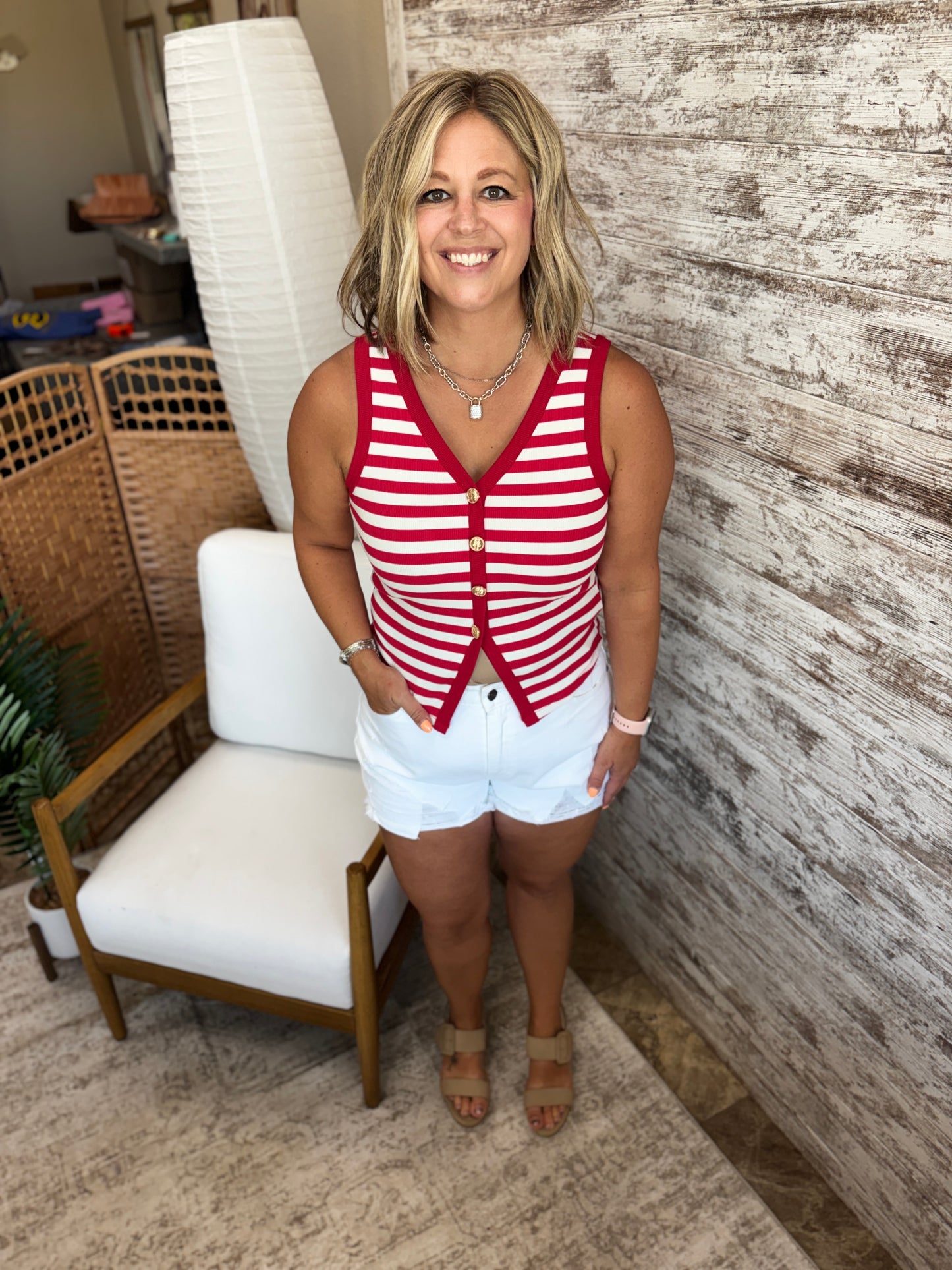 Red Stripe Front Button Tank