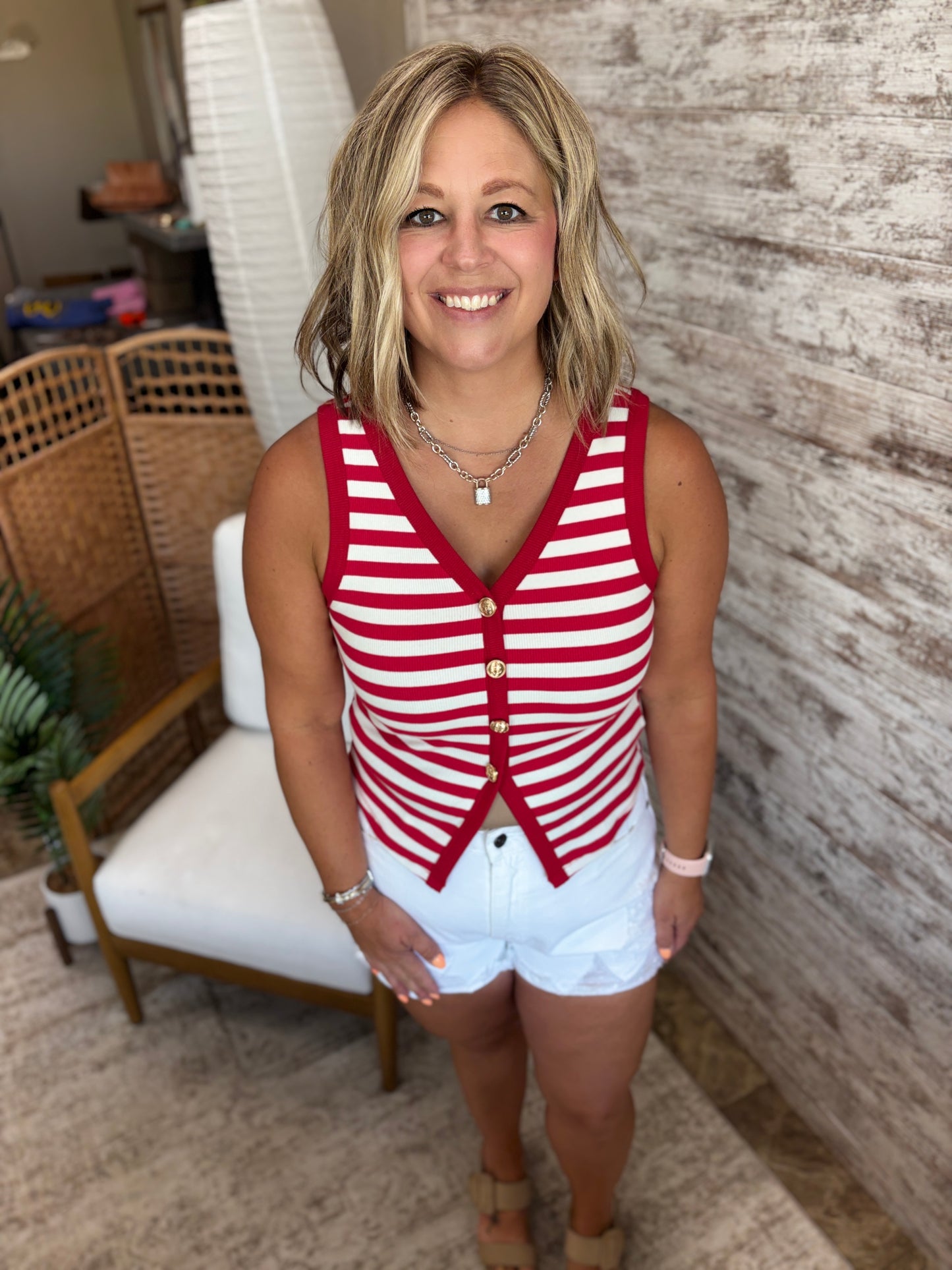 Red Stripe Front Button Tank
