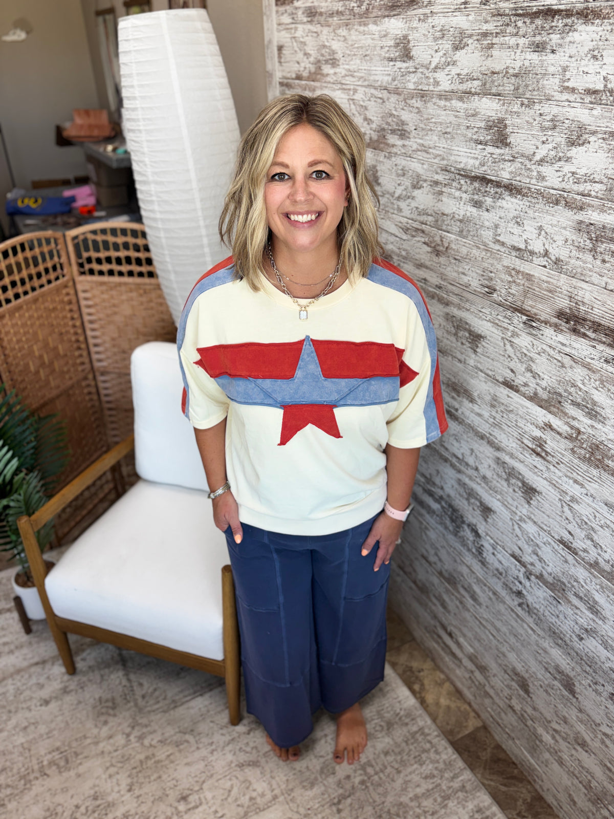 Ivory/Red/Blue Color Block Star Patch Top
