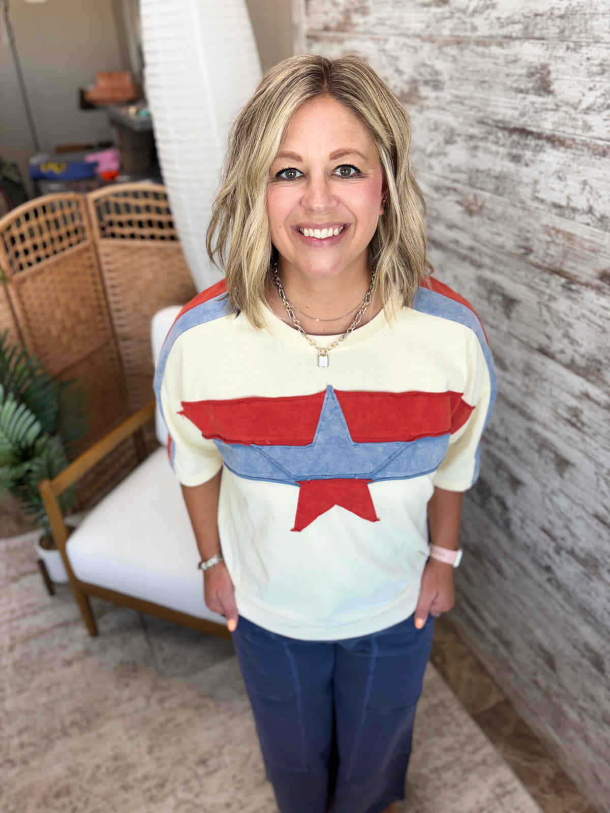 Ivory/Red/Blue Color Block Star Patch Top