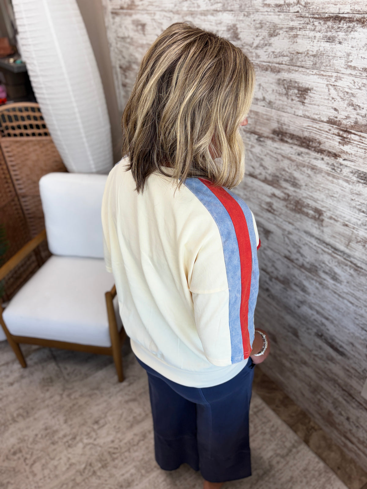 Ivory/Red/Blue Color Block Star Patch Top
