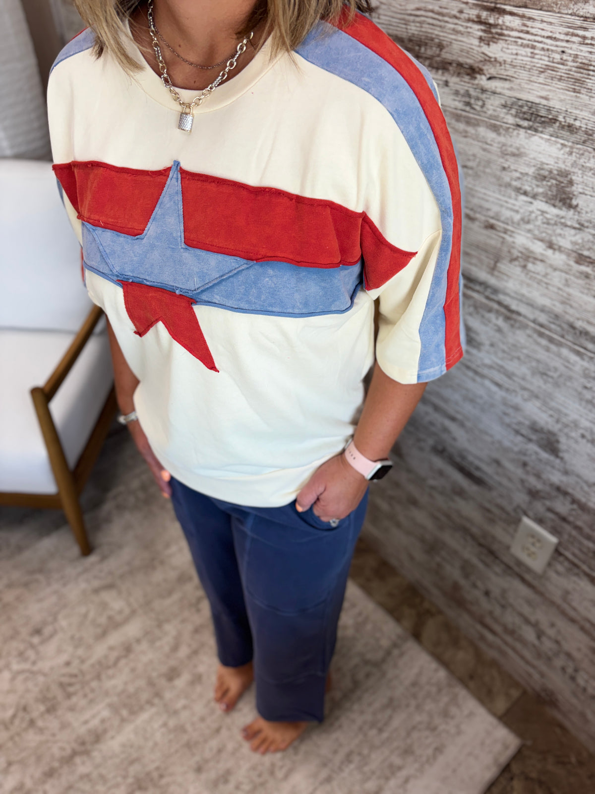 Ivory/Red/Blue Color Block Star Patch Top