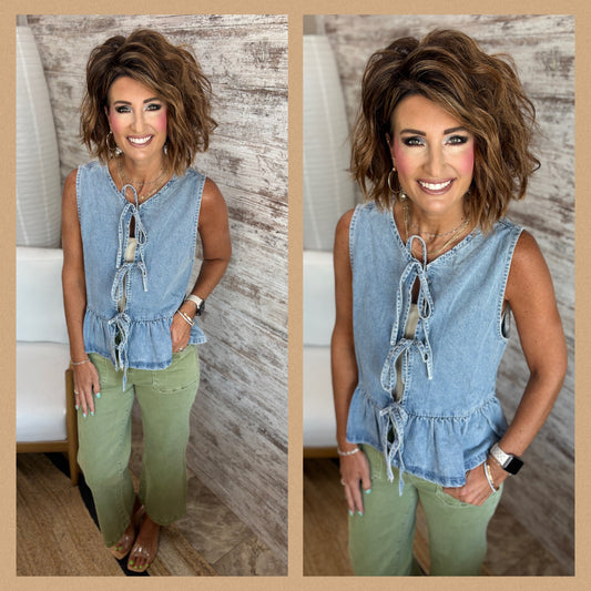 Vervet Tie Front Sleeveless Denim Top
