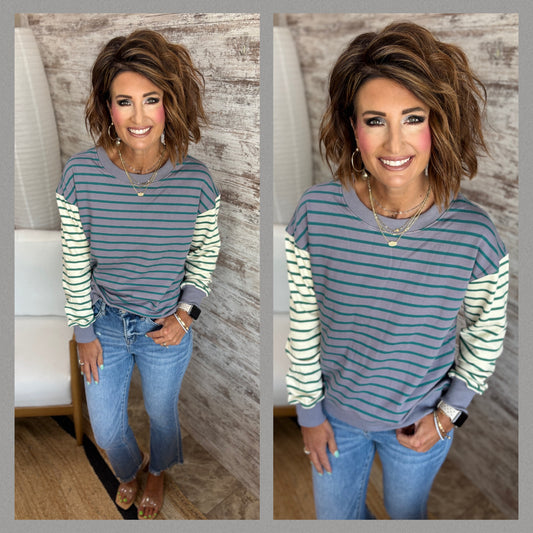 Grey Stripe French Terry Crew