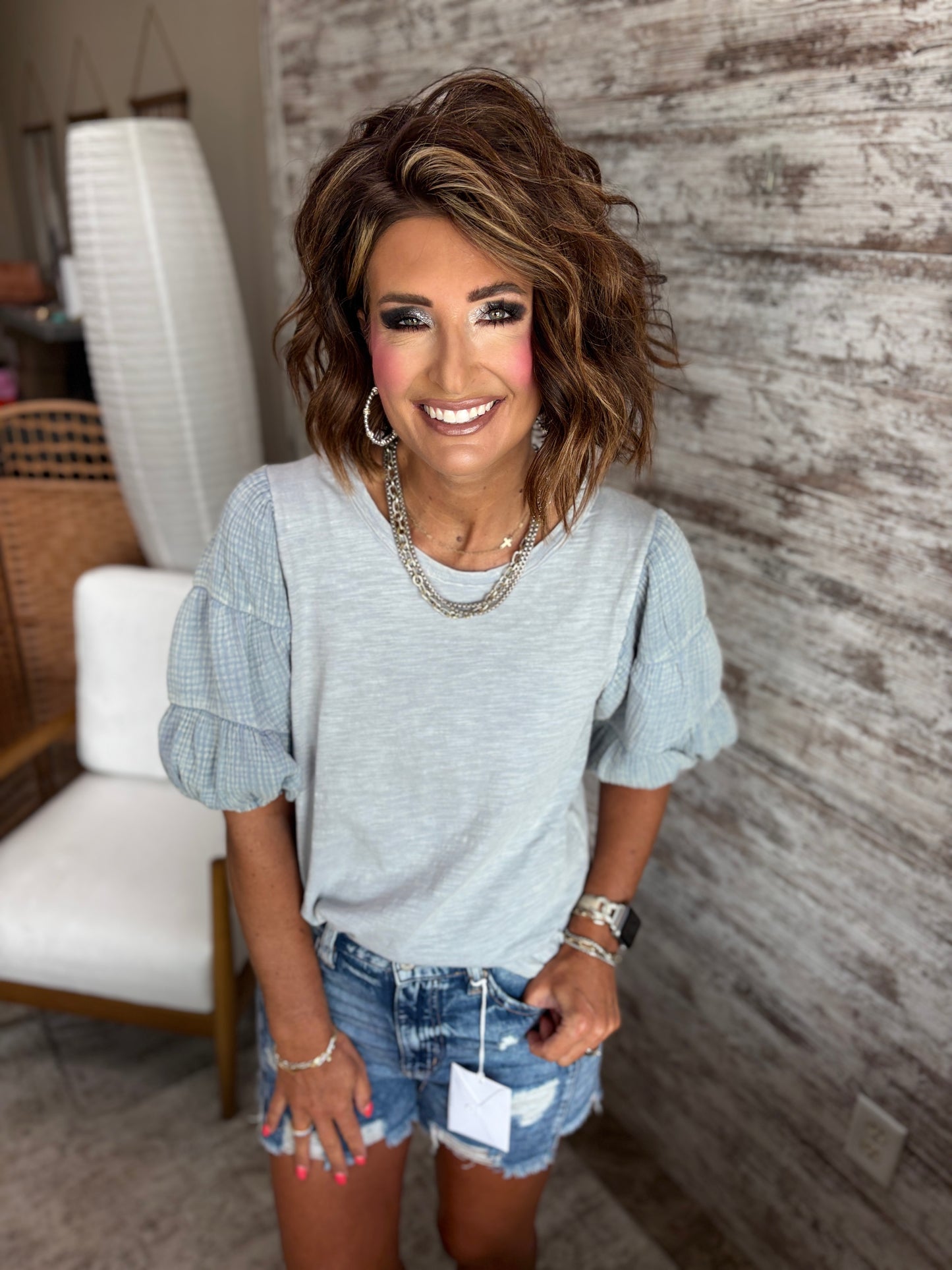Blue Mineral Washed Puff Sleeve Top