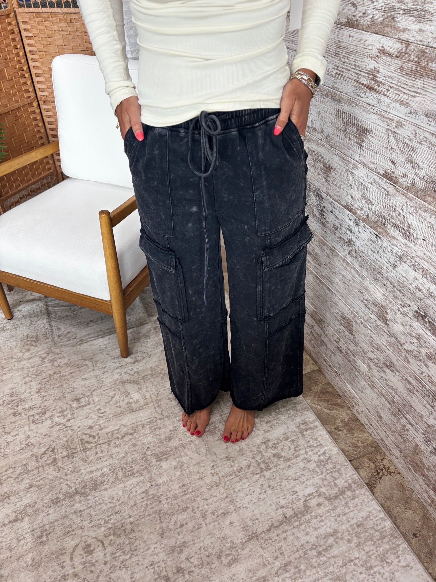 Black Mineral Wash Cargo Pants