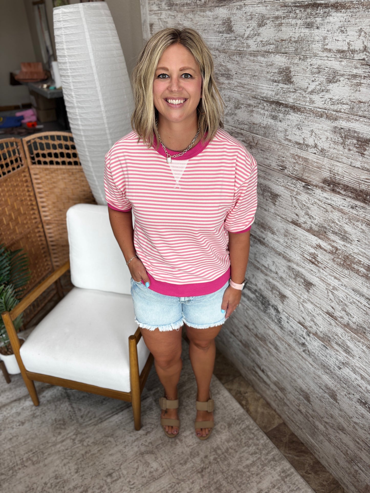 Pink Stripe Elbow Sleeve Top